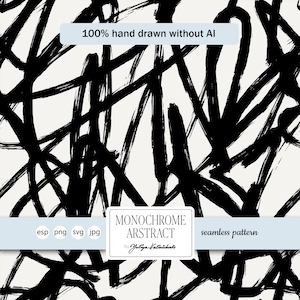 Könnte beinhalten: Nahtloses, abstraktes, monochromes Muster mit schwarzen Pinselstrichen auf cremefarbenem Hintergrund. Das Design enthält den Text "100% hand drawn without AI" und "MONOCHROME ARSTRACT" von Yuliya Kalinichenko.