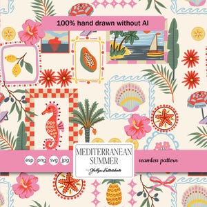 Könnte beinhalten: Ein nahtloses Muster mit mediterranem Sommerthema. Das Design zeigt handgezeichnete Illustrationen tropischer Elemente wie Seepferdchen, Palmen und Hibiskusblüten. Der Text lautet "100% handgezeichnet ohne KI" und "Mediterraner Sommer".