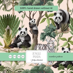 May include: A seamless pattern featuring pandas, a white tiger, and lush green foliage. The design includes the text "JUNGLE PANDA" and "100% hand drawn without AI". The background is a soft peach color.