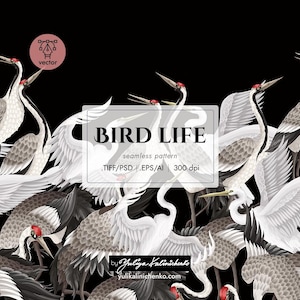Op de afbeelding: Naadloos patroon met gestileerde witte en grijze kraanvogels met rode accenten tegen een zwarte achtergrond. Het ontwerp bevat de tekst "BIRD LIFE". De afbeelding is een vectorbestand met informatie over bestandstype en resolutie.