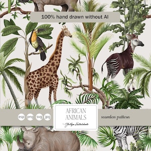 May include: A seamless pattern featuring hand-drawn illustrations of African animals and lush vegetation. The design includes a giraffe, okapi, toucan, rhino, and zebra, with the text "100% hand drawn without AI" and "AFRICAN ANIMALS" by Yuliya Kalinichenko.