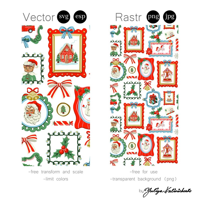 Pu&ograve; includere: Un set grafico digitale con illustrazioni a tema natalizio che include cornici rosse e verdi, Babbo Natale, agrifoglio, fiocchi e case invernali. Il testo include Vector, SVG, esp, Rast, png, jpg, free transform and scale, limit colors, free for use, transparent background e by Yuliya Kalinichenko.