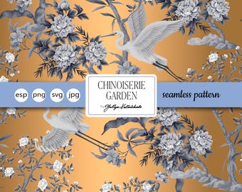Chinoiserie seamless pattern with herons and flowers. SVG. Vector. Light Commercial License.