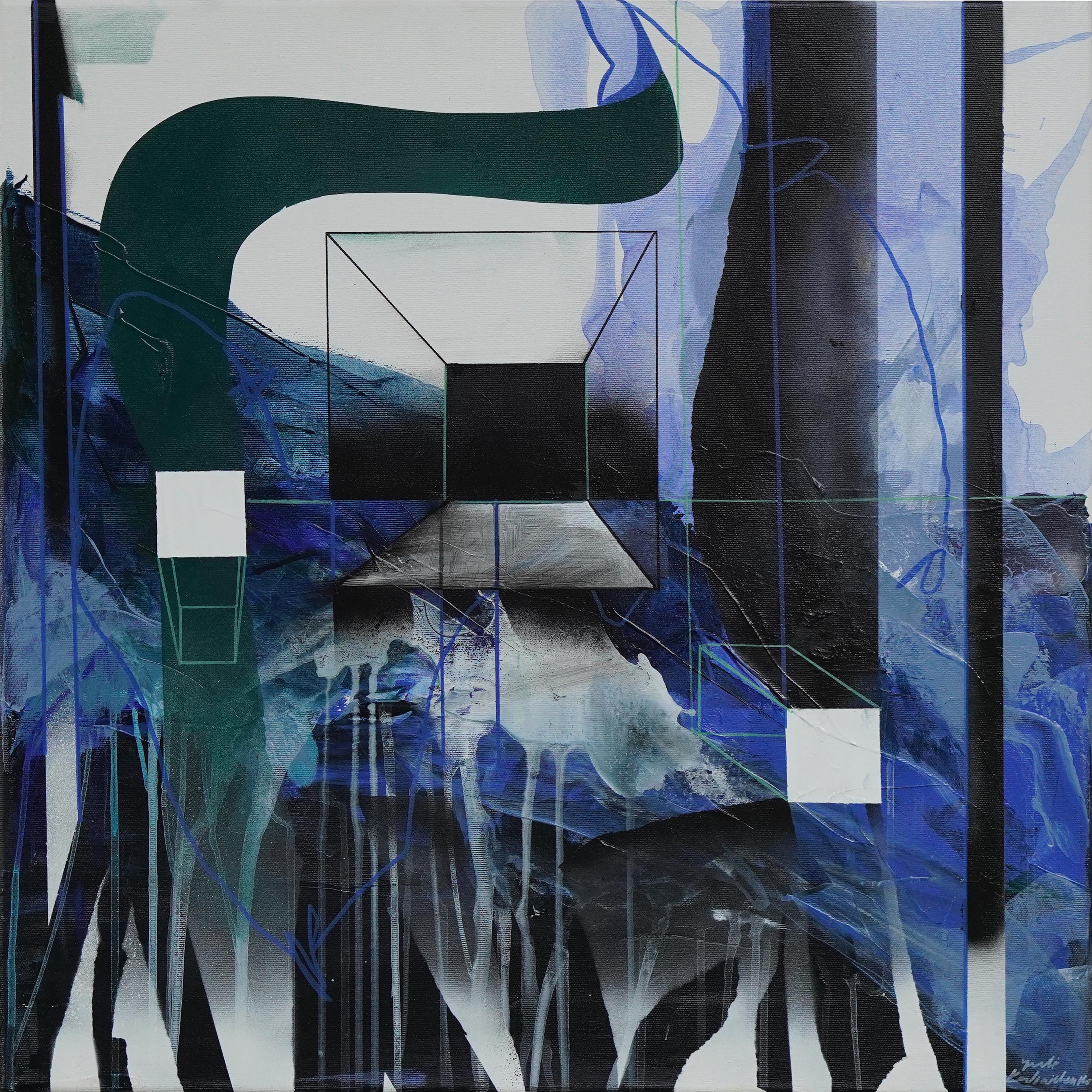 青い抽象アクリル画：幾何学的自然と構造 - 60 x 60 cm - Etsy 日本