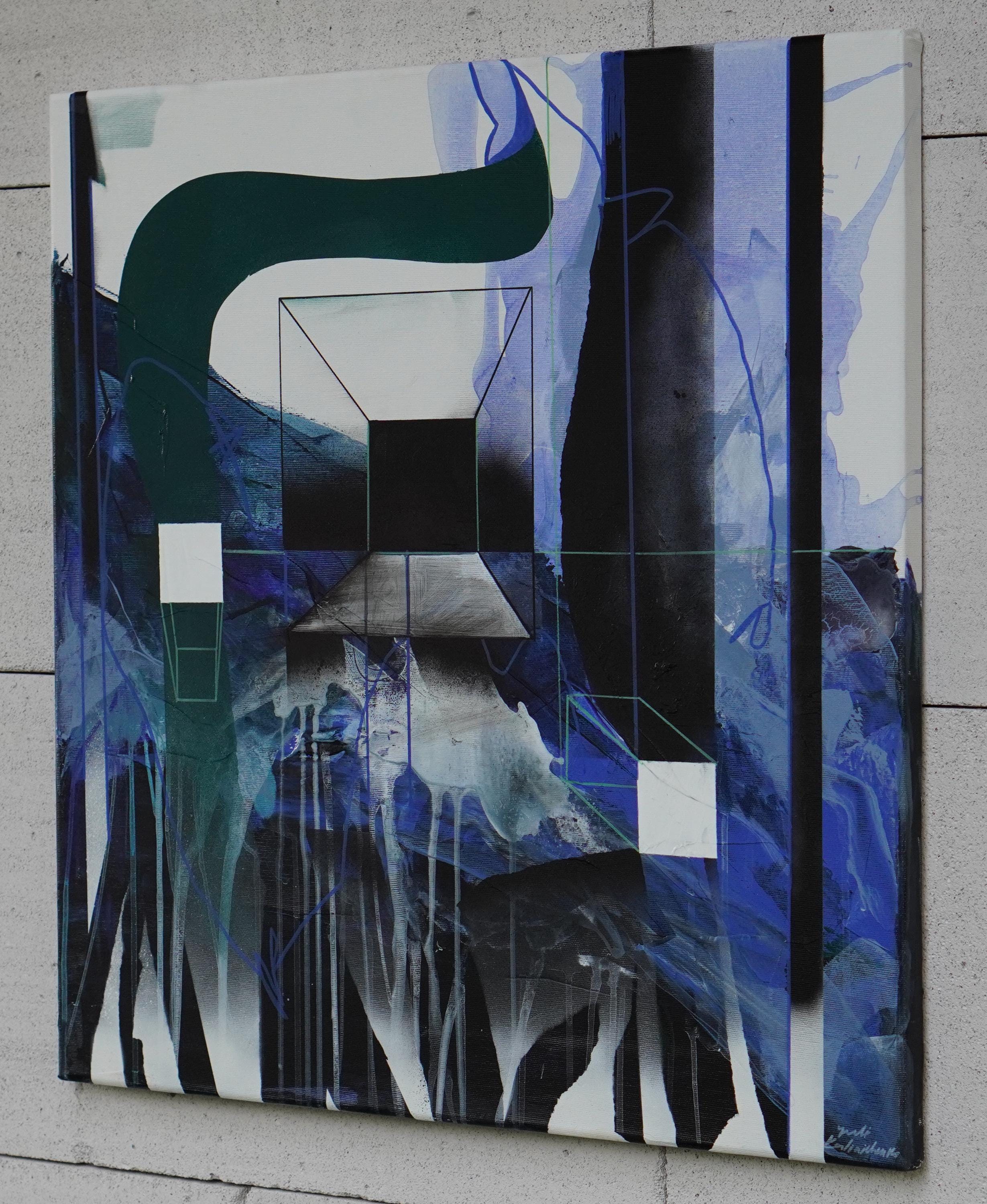 青い抽象アクリル画：幾何学的自然と構造 - 60 x 60 cm - Etsy 日本