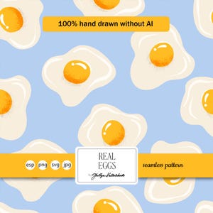 May include: A repeating pattern of hand-drawn fried eggs with vibrant yellow yolks and white egg whites, on a pale blue backdrop. The design includes the text "REAL EGGS" and "seamless pattern".