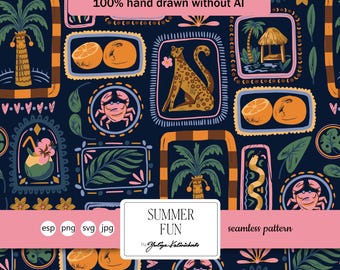Tropical square summer seamless pattern. SVG Vector. Light Commercial License.