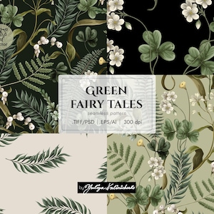 May include: Four seamless patterns featuring green leaves, white flowers, and white berries on a dark green, black, light green, and beige background. The text "GREEN FAIRY TALES" is in the centre of the image.