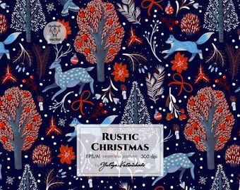 Christmas seamless pattern with wood animals and trees in rustic style. Vector. Light Commercial License.