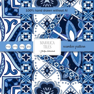 Könnte beinhalten: Nahtloses Musterdesign mit sich wiederholenden blauen und weißen Majolika-Fliesen. Das Design umfasst florale und geometrische Elemente. Der Text auf dem Bild lautet "MAJOLICA TILES" und "100% hand drawn without AI".
