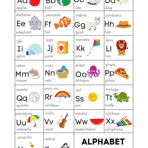 Puede incluir: Un colorido cuadro del alfabeto con ilustraciones para cada letra. El cuadro incluye palabras en inglés y español para cada letra.