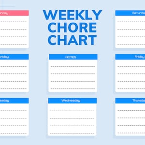 Puede incluir: Un cuadro de tareas semanales con un esquema de colores azul y rosa. El cuadro está dividido en siete días de la semana, con una sección separada para notas. Cada día tiene un espacio para escribir las tareas.