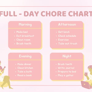 May include: A pink and yellow chore chart with illustrations of people doing activities. The chart is divided into four sections: Morning, Afternoon, Evening, and Night. Each section lists chores to do at that time of day.