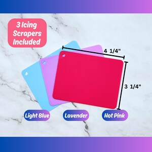 Icing Scrapers in hot pink, lavender and light blue with size details.