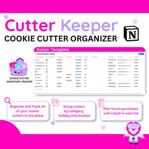 Könnte beinhalten: Eine digitale Notion-Vorlage mit dem Titel Cutter Keeper Cookie Cutter Organizer. Die Benutzeroberfläche zeigt eine Tabelle zur Bestandsverfolgung mit Spalten für Name, Foto, Kategorie, Feiertag, Standort, Größe, Notizen, Quelle und Status.