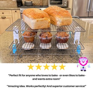Small and medium cooling rack stackers with baked goods on them and customer reviews.