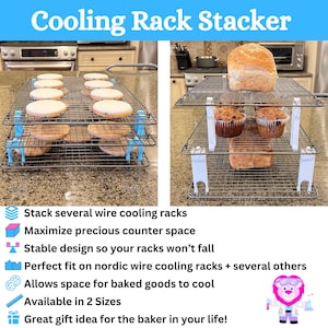 Small and medium cooling rack stackers with cookies, muffins and bread on the racks.