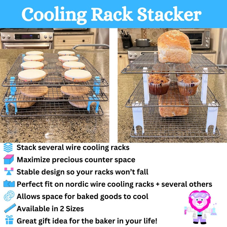 Small and medium cooling rack stackers with cookies, muffins and bread on the racks.