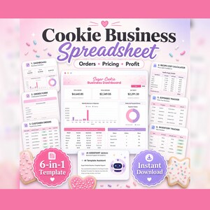 May include: A digital cookie business spreadsheet template featuring a central dashboard, order form, customer orders, recipe cost calculator, expenses tracker, and inventory tracker. The interface includes pink and purple accents with text.