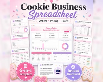 Cookie Business Spreadsheet, Sugar Cookies, Home Bakery Pricing, Recipe Cost Calculator, Bakery Order Form, Expense Tracker, Cottage Bakery