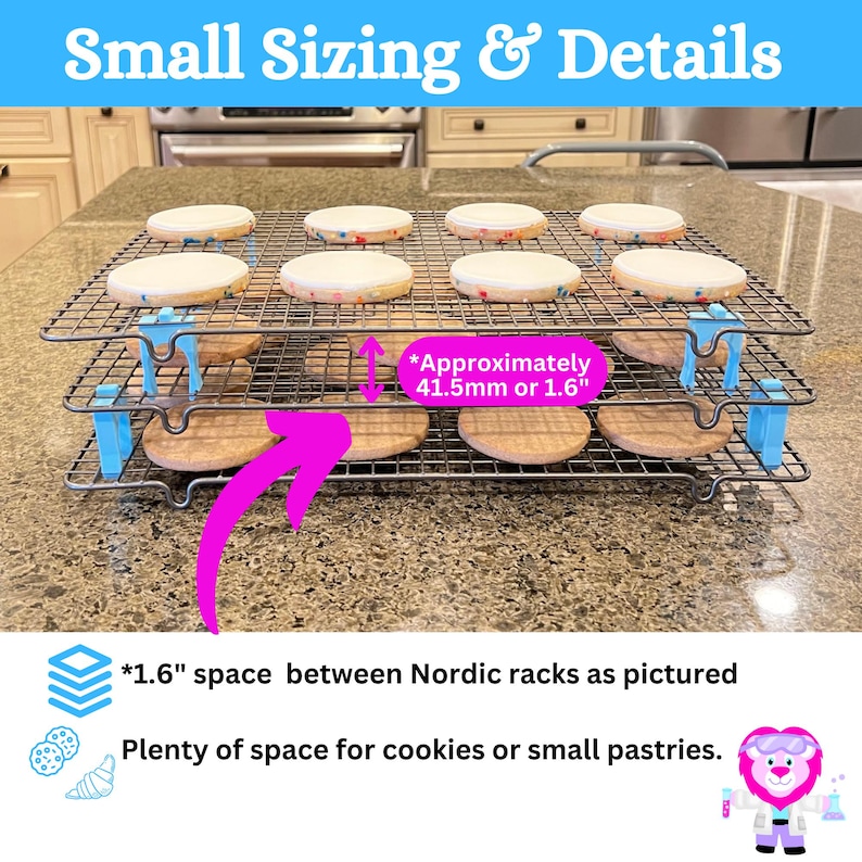Small cooling rack stackers sizing details with cookies on the racks.