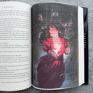 May include: An open book with a full-page illustration of a woman in a red dress. The woman has long, dark hair and is set against a dark, blurred background. The book's text is visible on the left page, with the author's name, "DEMI WINTERS," at the top.