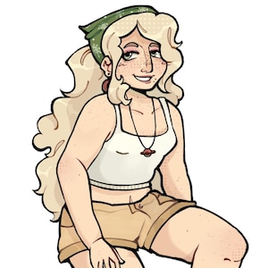 May include: A cartoon illustration of a person with blonde hair wearing a green bandana, a white tank top, khaki shorts, and green and white striped socks with green sneakers. The person has freckles and is smiling.