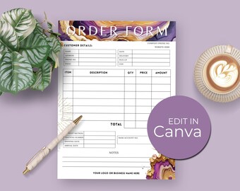 Order Form Custom Canva, Order Form Template, EDITABLE Printable Order Form, Business Invoice Template, Customer Order, Purple Geode design