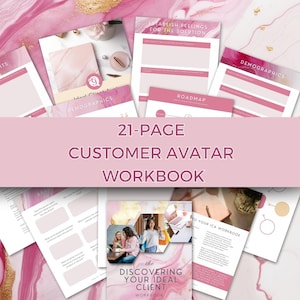 Puede incluir: Un libro de trabajo de 21 páginas titulado "Discovering Your Ideal Client" con un fondo de mármol rosa. El libro de trabajo está diseñado para ayudarte a crear un avatar de cliente para tu negocio. La portada presenta una foto de tres mujeres sentadas en una mesa, una de las cuales está mirando una computadora portátil.