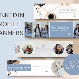 May include: Four different LinkedIn profile banner designs featuring a woman with the text "Gina Davidson, Podcast Host, Life Coach" and the words "let's connect" on a blue background.