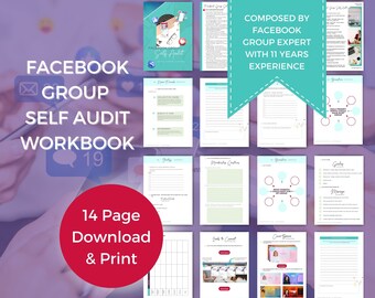 Op de afbeelding: Een downloadbare Facebook-groep zelfaudit-werkboek van 14 pagina's met een turquoise en wit kleurenschema. Het werkboek is samengesteld door een Facebook-groepsexpert met 11 jaar ervaring. De voorpagina bevat de tekst "Facebook Group Self Audit Workbook" en "14 Page Download & Print".