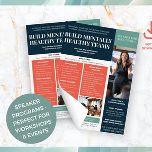 Op de afbeelding: Twee evenementenflyers met de tekst "Build Mentally Healthy Teams" en "Half-Day Mini-Conference". De flyers hebben een teal en rood kleurenschema met een foto van een vrouw. De flyers zijn voor sprekersprogramma's voor workshops en evenementen.