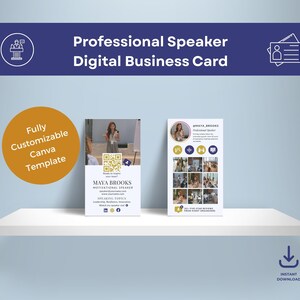Puede incluir: Plantilla de tarjeta de presentación digital para un orador profesional. El diseño presenta una foto del orador, información de contacto y un código QR. La tarjeta es totalmente personalizable en Canva e incluye el texto "Professional Speaker Digital Business Card."