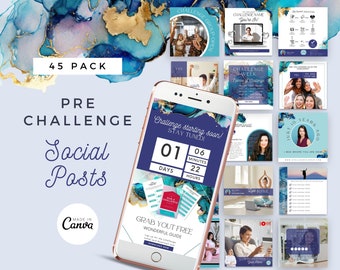 Social Media Challenge Templates: Blue & Gold Canva Posts (45 Pack) (Digital Download)