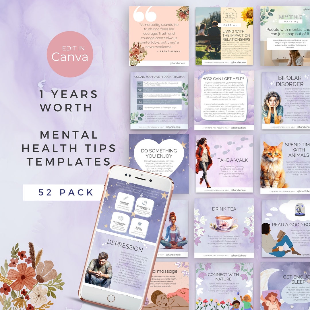Mental Health Social Media Templates, Well Being Tips Quotes, Instagram ...