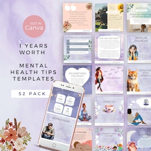 Mental Health Social Media Templates, Well Being Tips Quotes, Instagram Canva Template, Wellness and Self Care Posts, Coaching, Therapist IG
