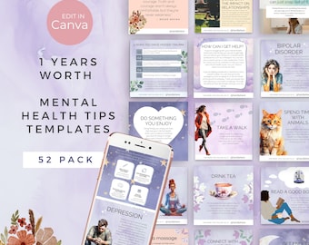 Mental Health Social Media Templates, Well Being Tips Quotes, Instagram Canva Template, Wellness and Self Care Posts, Coaching, Therapist IG