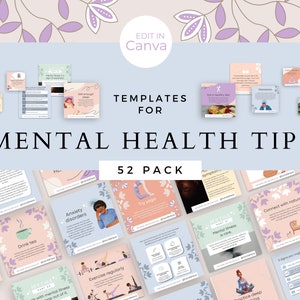 Mental Health Social Media Templates: Wellness Tips Quotes (52 Canva editable Posts)