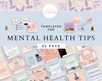 Mental Health Social Media Templates: Wellness Tips Quotes (52 Canva editable Posts)