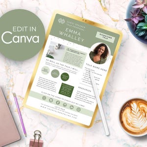 May include: A digital tablet displaying a guest speaker talk proposal template with sage green accents, featuring the name Emma Whalley, a circular headshot, text sections, social media icons, and a white stylus resting on the screen surface.
