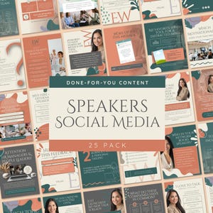 Puede incluir: Un conjunto de 25 plantillas de redes sociales para oradores, con una combinación de colores turquesa, coral y blanco. El texto incluye frases como "Done-For-You Content", "Speakers Social Media" y varios avisos de discusión.