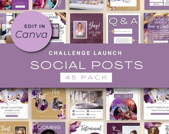 Social Media Challenge Templates: Purple & Gold Canva Posts (45 Pack)