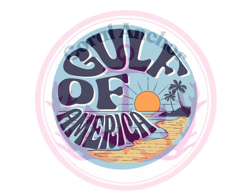 以下が含まれることがあります： レトロなフォントで「GULF OF AMERICA」と書かれた青と白の円。円には、夕日とヤシの木のあるビーチのシーンが描かれています。