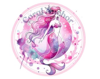 Puede incluir: Ilustración en acuarela de una sirena con pelo largo rosa y cola rosa y morada. La sirena está dentro de un círculo rosa con el texto "Coral Anchor". El fondo tiene salpicaduras y estrellas de acuarela rosa y morada.
