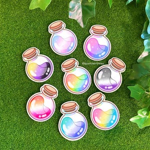 May include: A collection of eight stickers featuring potion bottle designs with various colorful liquid contents. Each bottle has a cork stopper and is set against a green background. The bottles display rainbow, pink, blue, and purple hues.