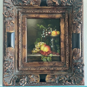 Moody Still Life Oil Painting Vintage Fruit Wood Frame