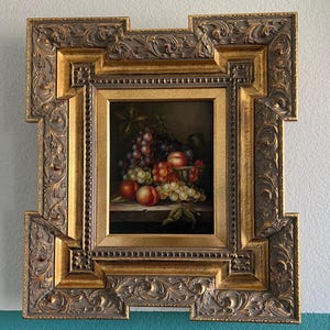 Still Life Oil Painting Vintage Fruit Wood Frame