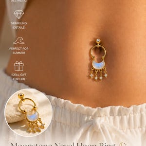 Piercing de Umbigo em Argola com Pedra da Lua, Dourado, Pingente Celestial, Pedra de Nascimento de Junho