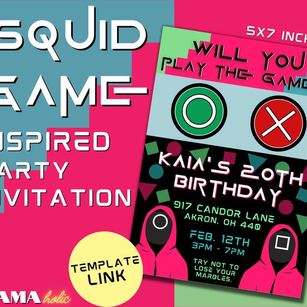 Squid Game Inspired Birthday Party Invitation | Editable Netflix Watch Party Invite Canva Template | Pink, Blue, Green | Choice Buttons