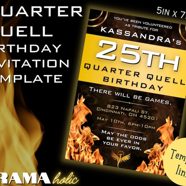 Hunger Games Inspired Quarter Quell Birthday Party Invitation Template | Canva Template Link | Girl on Fire | Black, Gold, and Flames